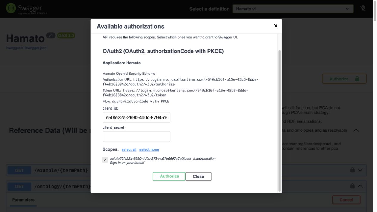 Swagger authorization dialog with the user_impersonation scope selected